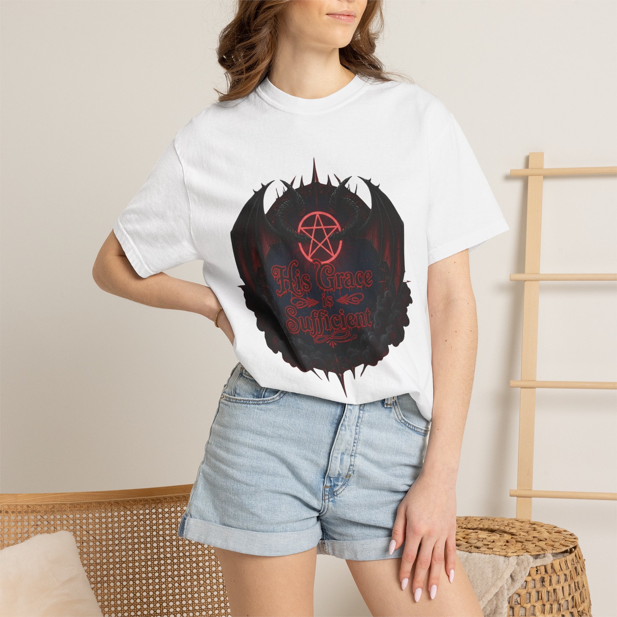 "His Grace is Sufficient Gothic T-Shirt" Unisex Garment-Dyed T-shirt