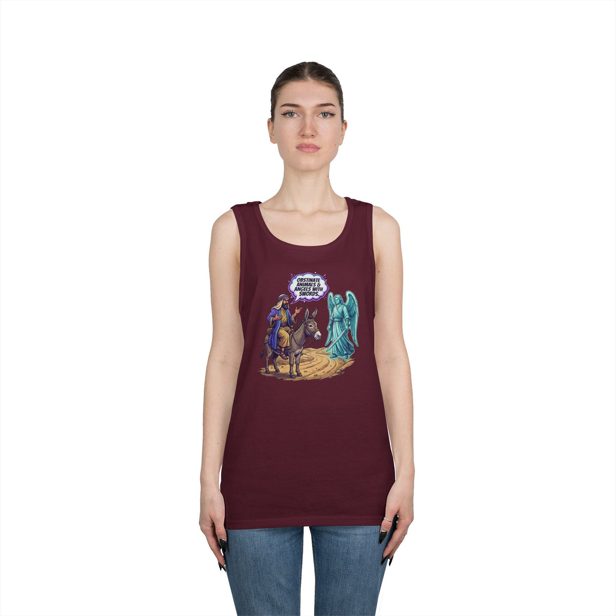 Color: Maroon | Good Book Series Obstinate Animals & Angels With Swords Tank Top