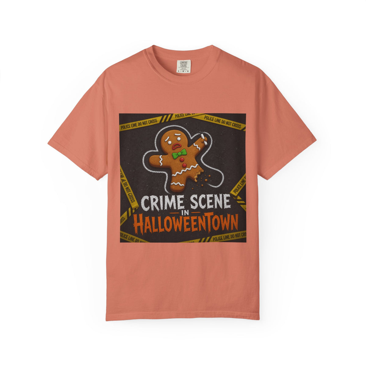 Color: Terracotta | Crime Scene in Halloweentown Unisex Garment-Dyed Tee