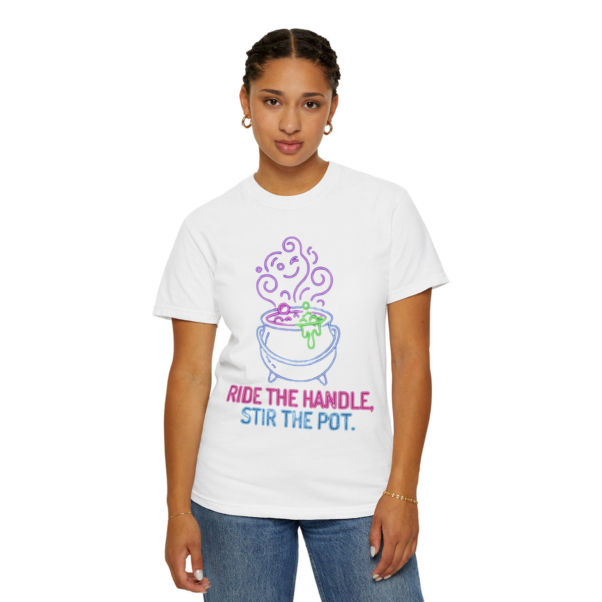 Color: White | Ride The Handle, Stir The Pot Unisex Garment-Dyed Tee