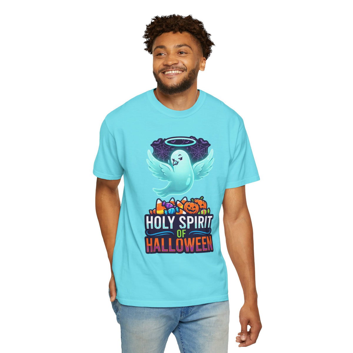 Color: Lagoon Blue | Holy Spirit of Halloween Unisex Garment-Dyed Tee