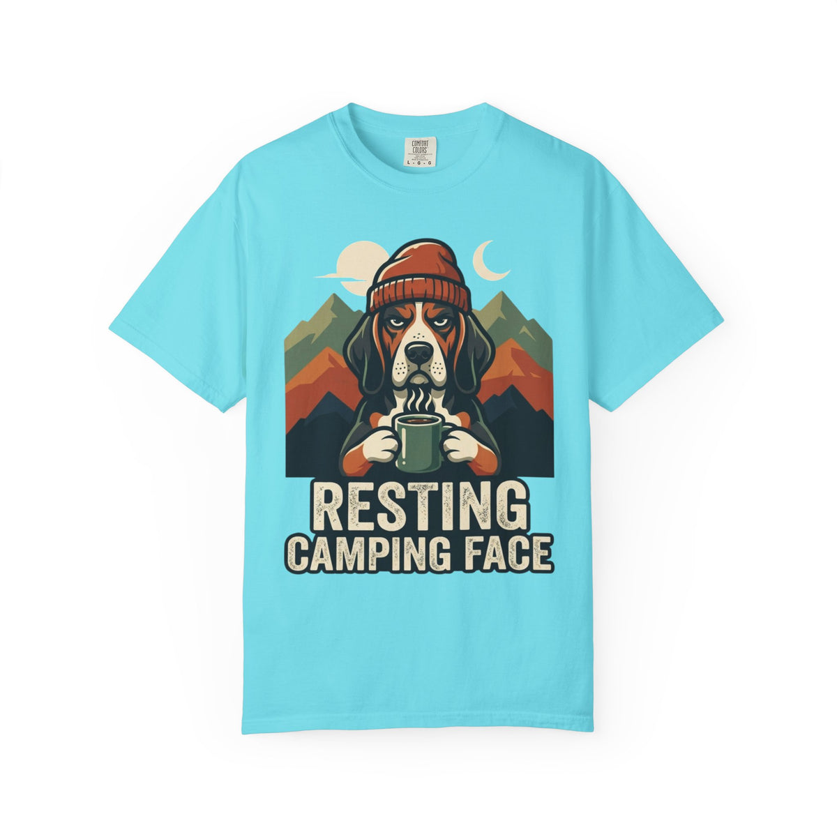 Color: Lagoon Blue | Resting Camping Face Unisex Garment-Dyed Tee