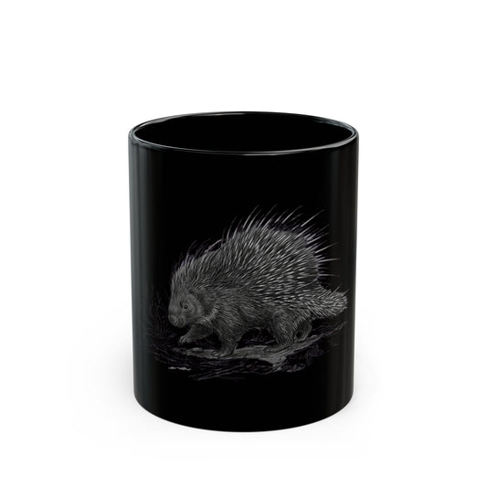 "Pencil Sketch Art Porcupine" Black Ceramic Mug