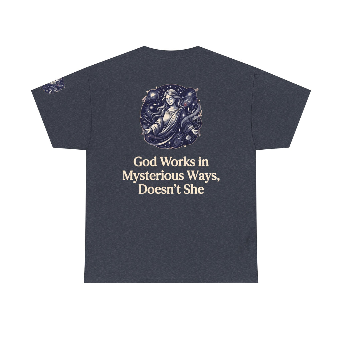 Color: Heather Navy | God Works in Mysteroius Ways Premium Graphic Tee