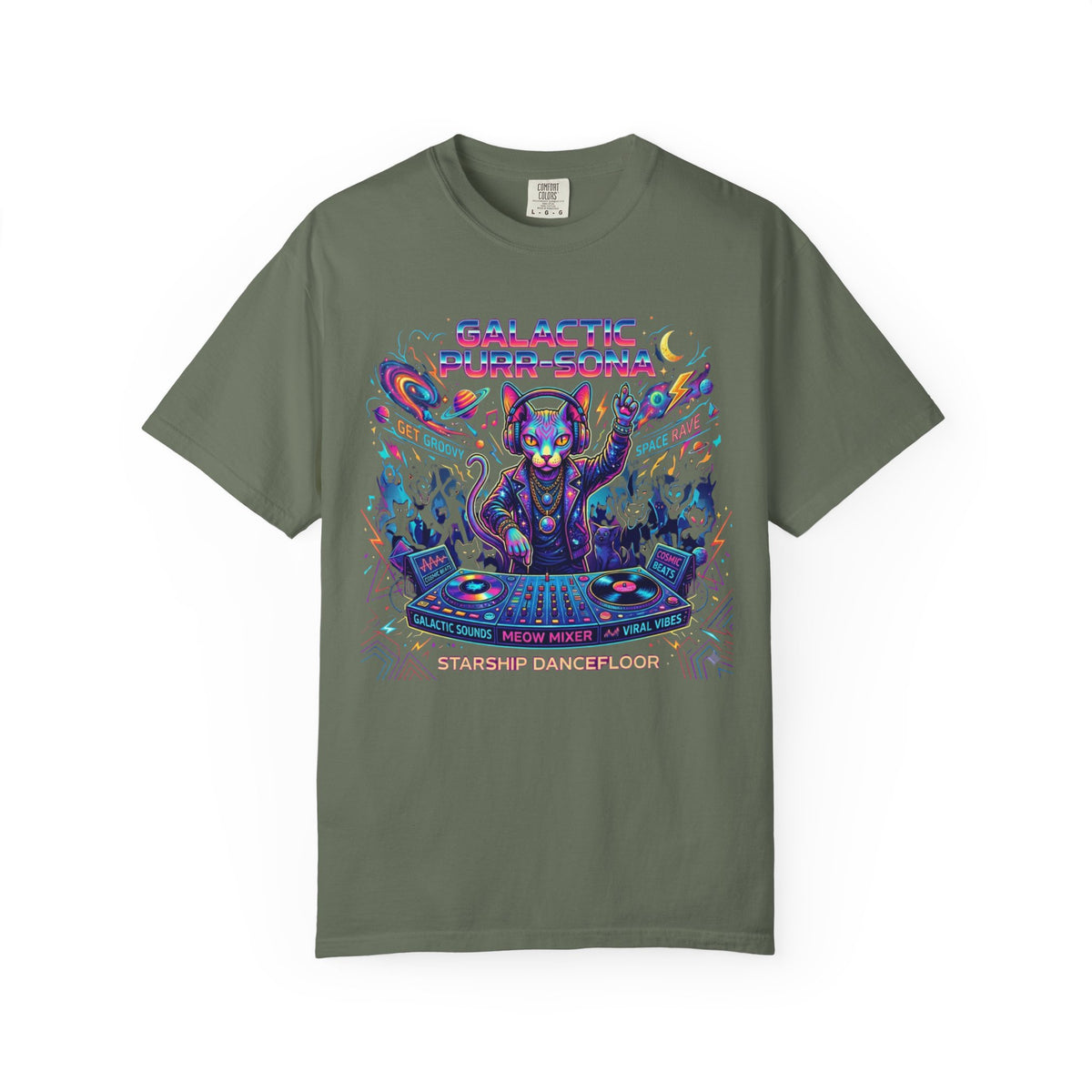 Color: Moss | Galactic Purr-Sona Unisex Garment-Dyed Tee