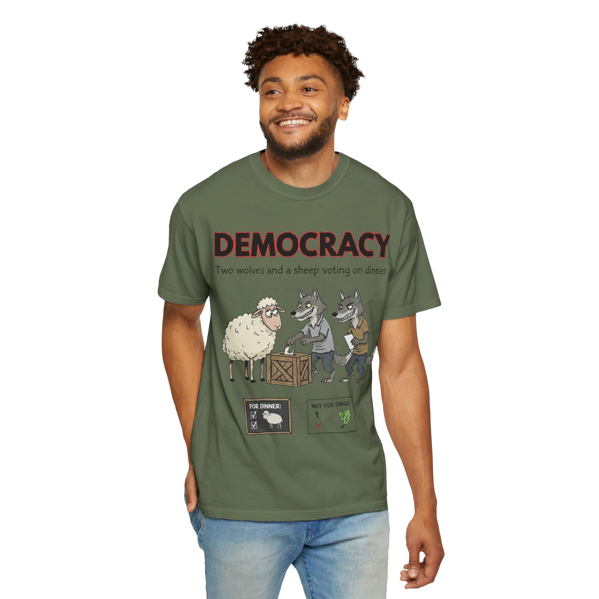 "Democracy (Two Wolves and a Sheep" Unisex Garment-Dyed T-shirt