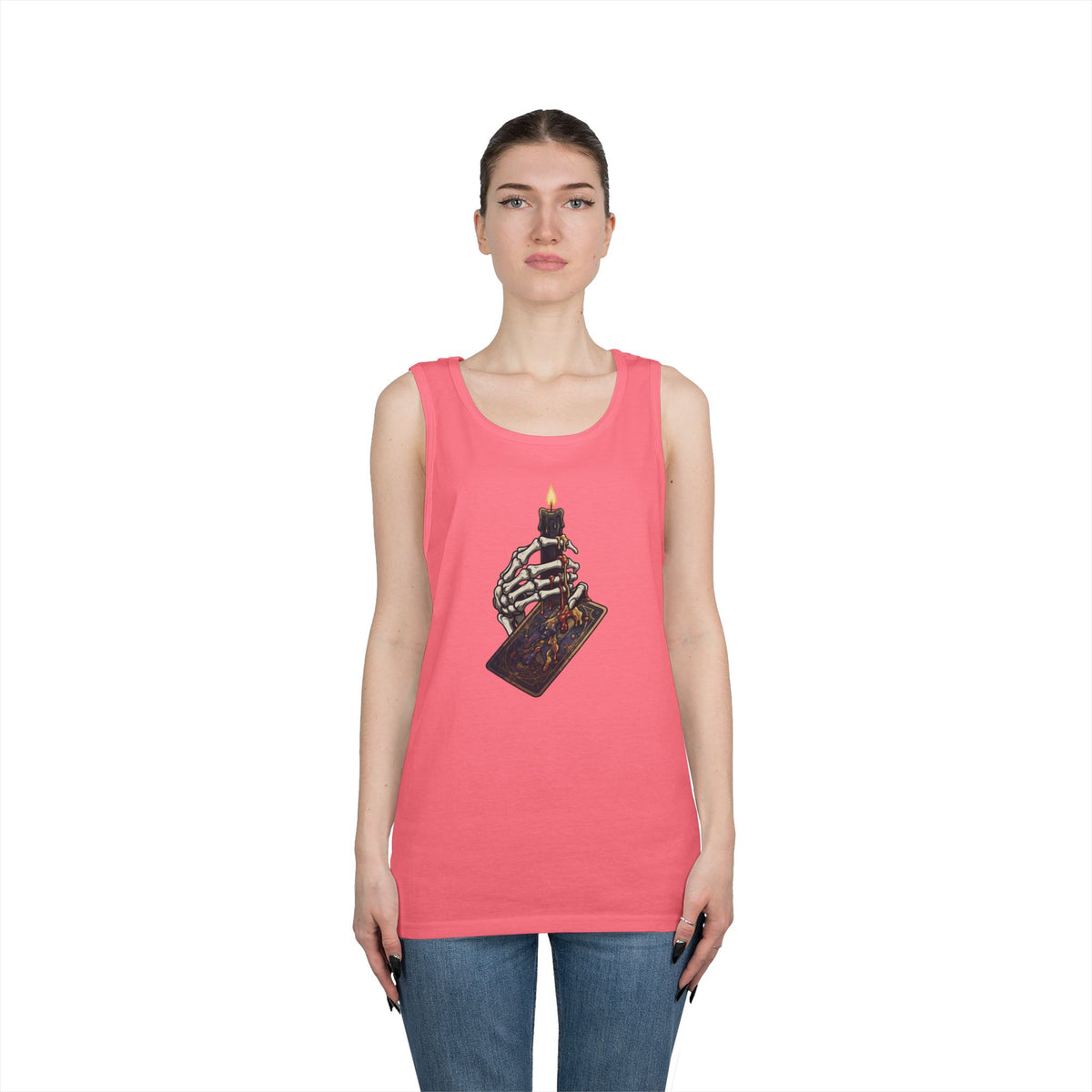 Color: Safety Pink | Skeletal Hand And Tarot Card Tank Top