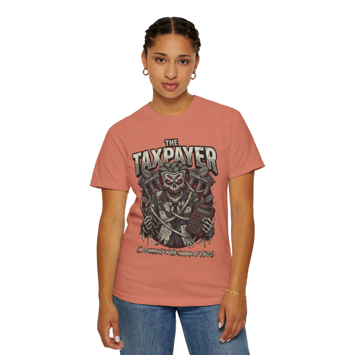 Color: Terracotta | Horror of Taxes Unisex Garment-Dyed Tee