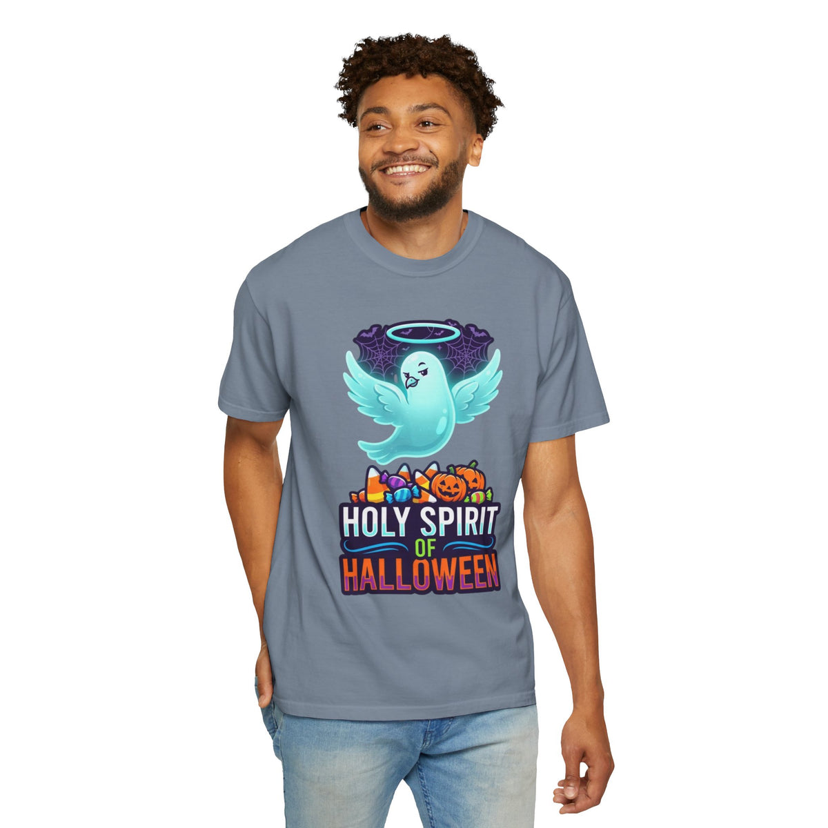 Color: Blue Jean | Holy Spirit of Halloween Unisex Garment-Dyed Tee