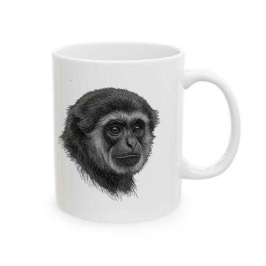 "Pencil Sketch Art Gibbon" White Ceramic Mug — Graphic