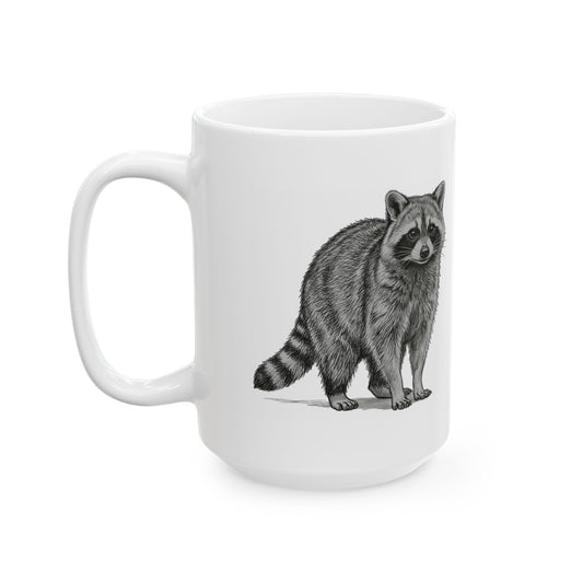 "Pencil Sketch Art Raccoon" White Ceramic Mug