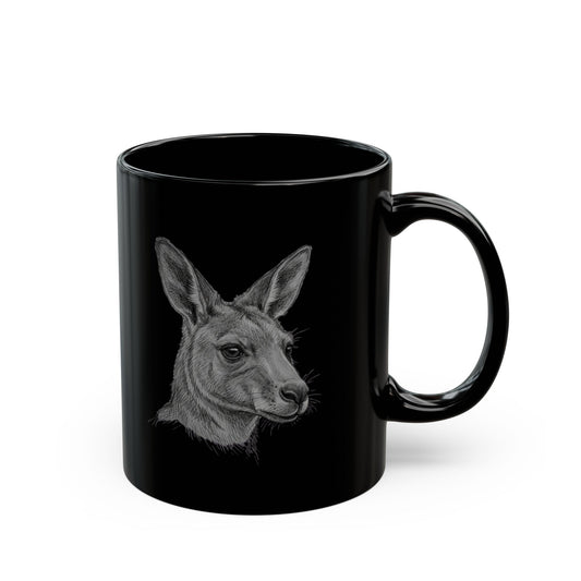"Pencil Sketch Art Kangaroo" Black Ceramic Mug — Graphic