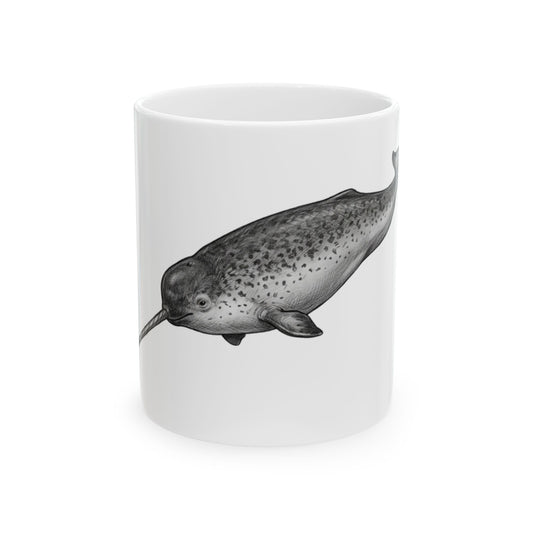 "Pencil Sketch Art Narwhal" White Ceramic Mug