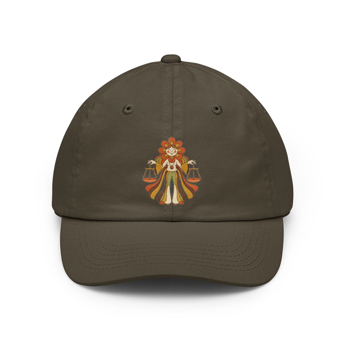 Color: Olive | Retro Mascot Groovy Libra Dad Hat — Graphic