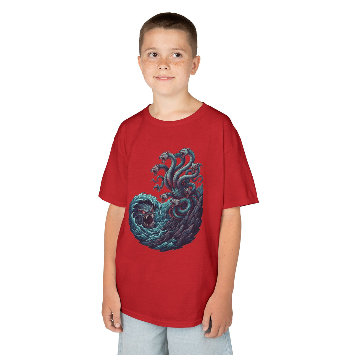 Color: Red | Charybdis and Scylla (Greek Mythology) Kids Tee
