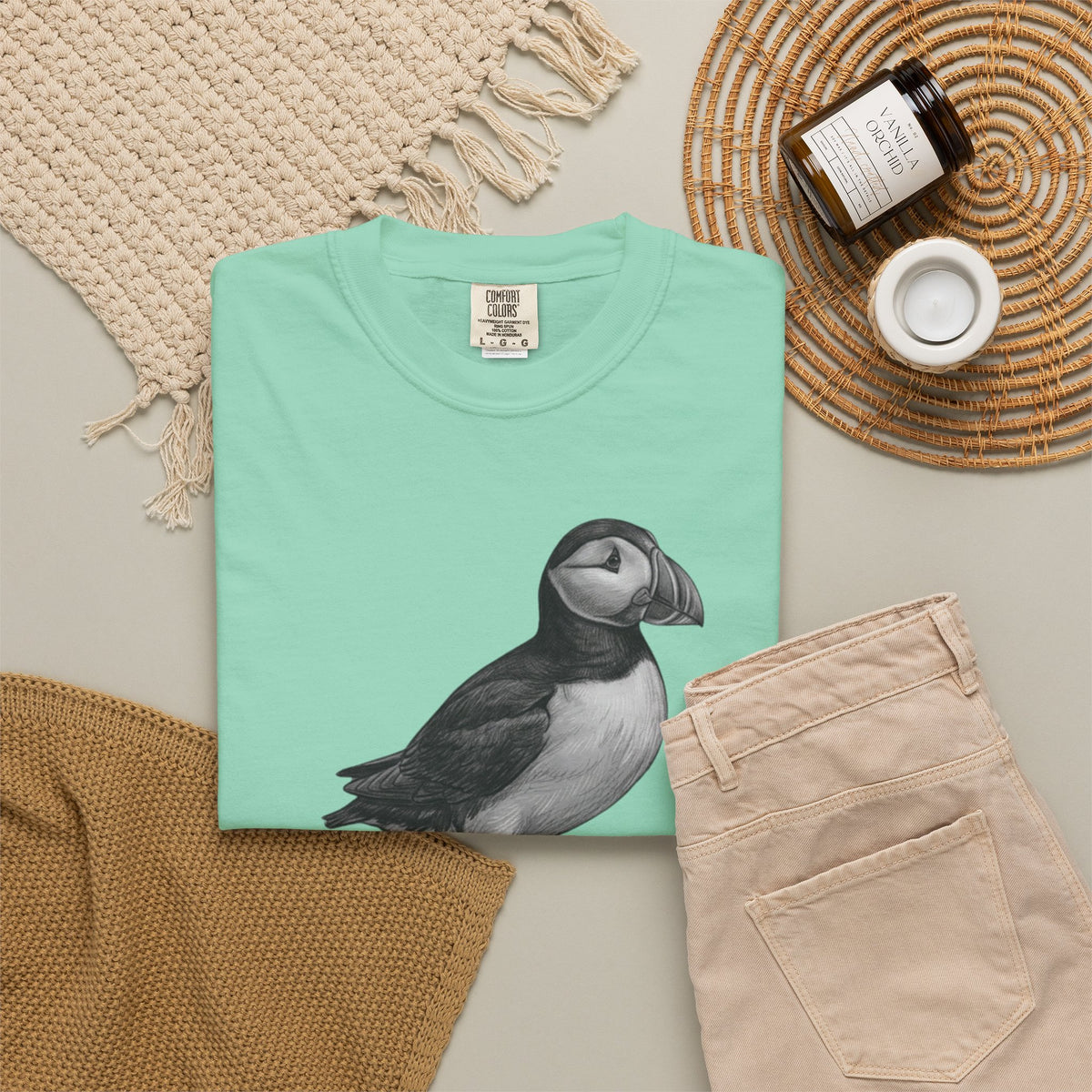 "Pencil Sketch Art Puffin" Unisex Garment-Dyed Tee