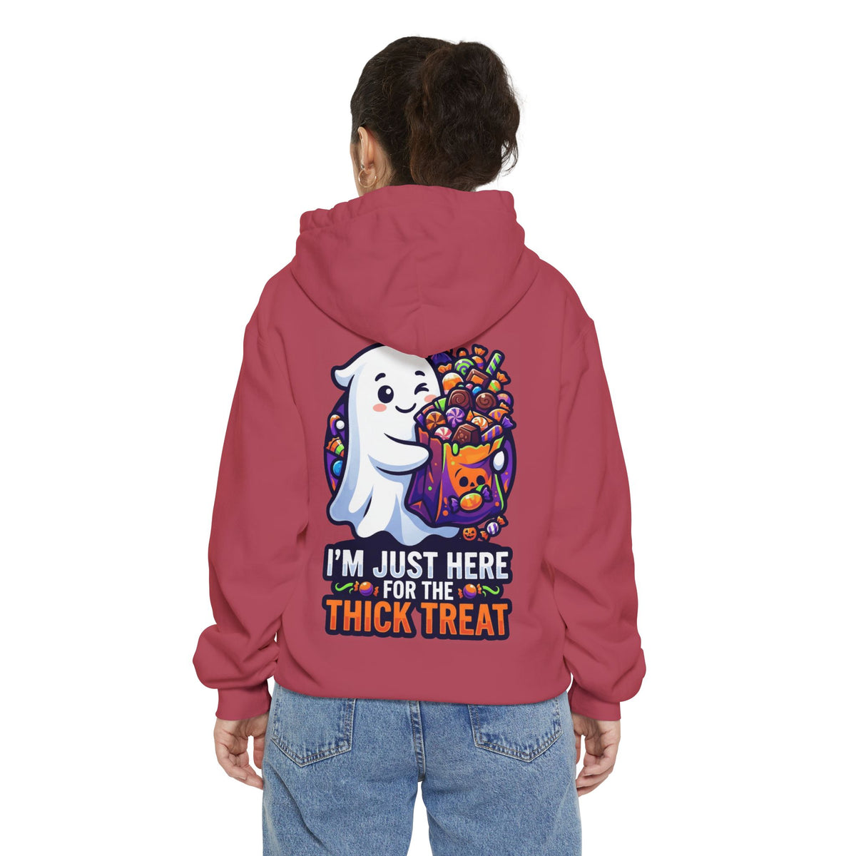 Color: Crimson | I'm Just Here For The Thick Treat Garment-Dyed Hoodie