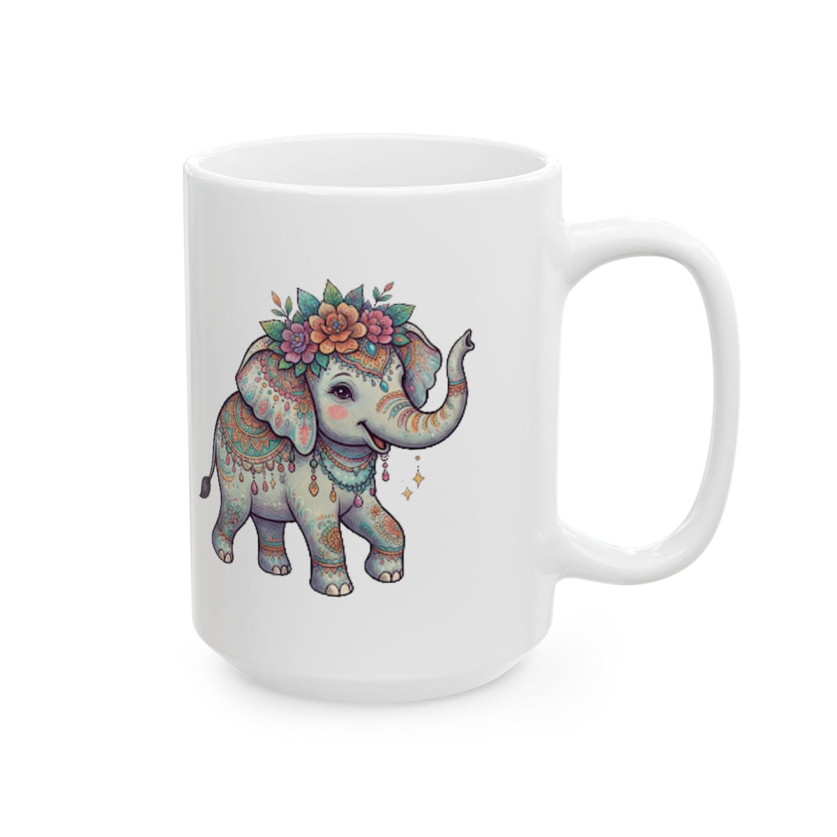 "Hippy Elephant" White Ceramic Mug