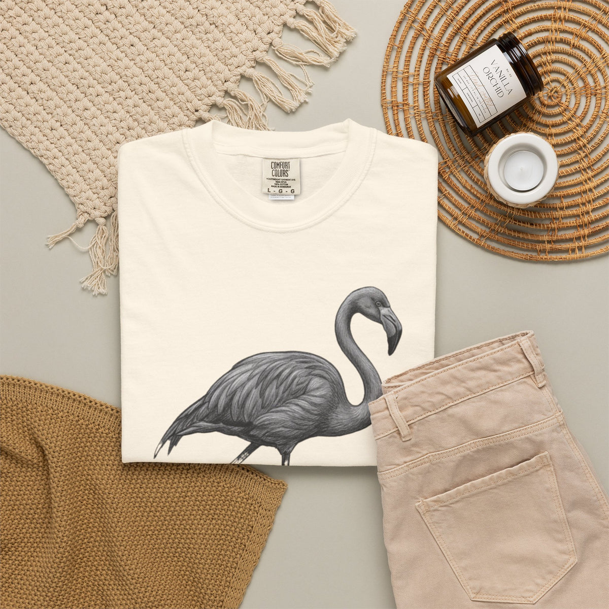 "Pencil Sketch Art Flamingo" Unisex Garment-Dyed Tee