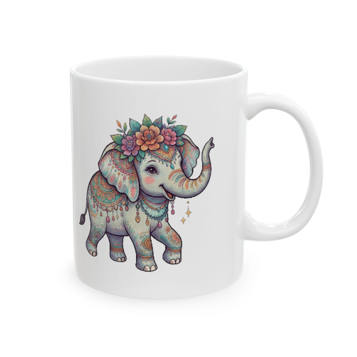 "Hippy Elephant" White Ceramic Mug