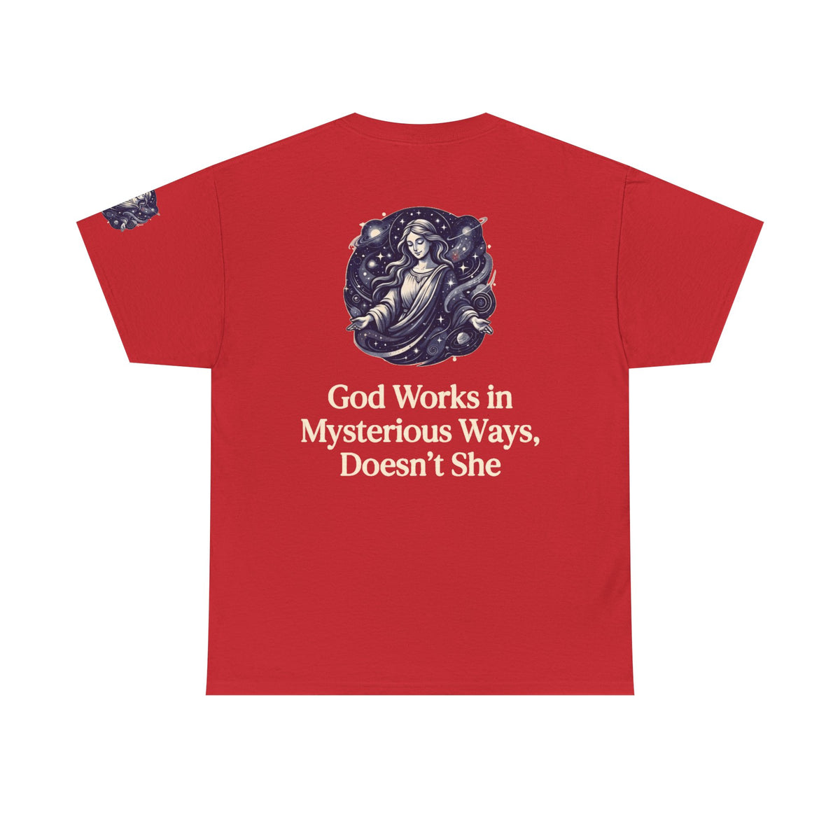 Color: Red | God Works in Mysteroius Ways Premium Graphic Tee