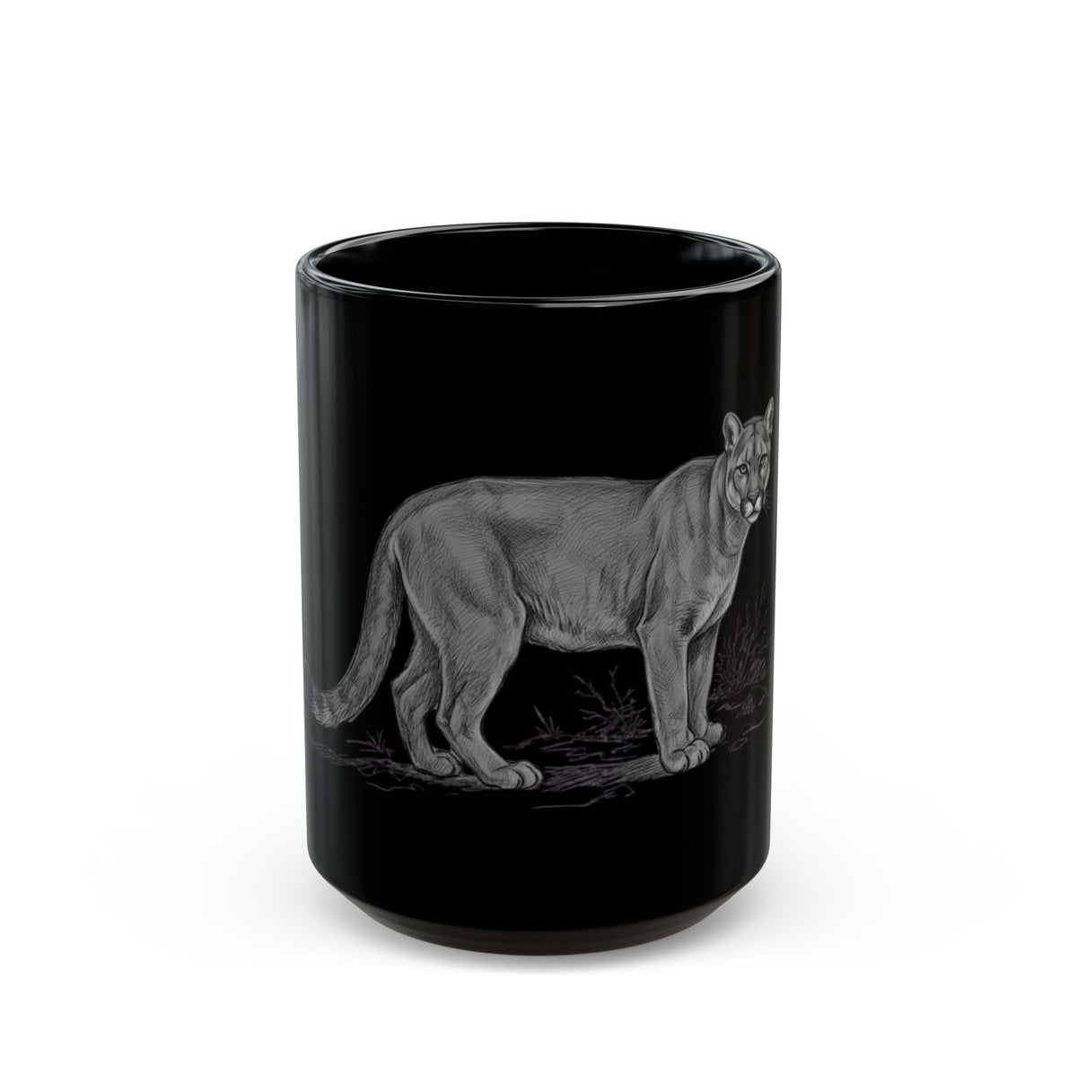 "Pencil Sketch Art Mountain Lion" Black Ceramic Mug