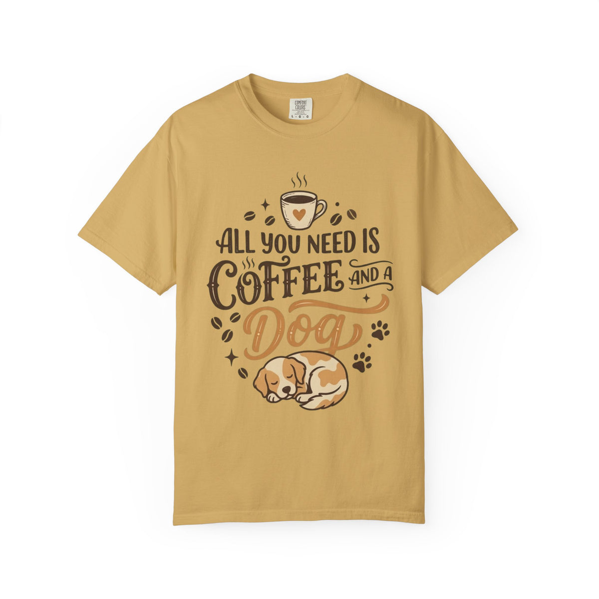 Color: Mustard | Coffee and a Dog Unisex Garment-Dyed Tee
