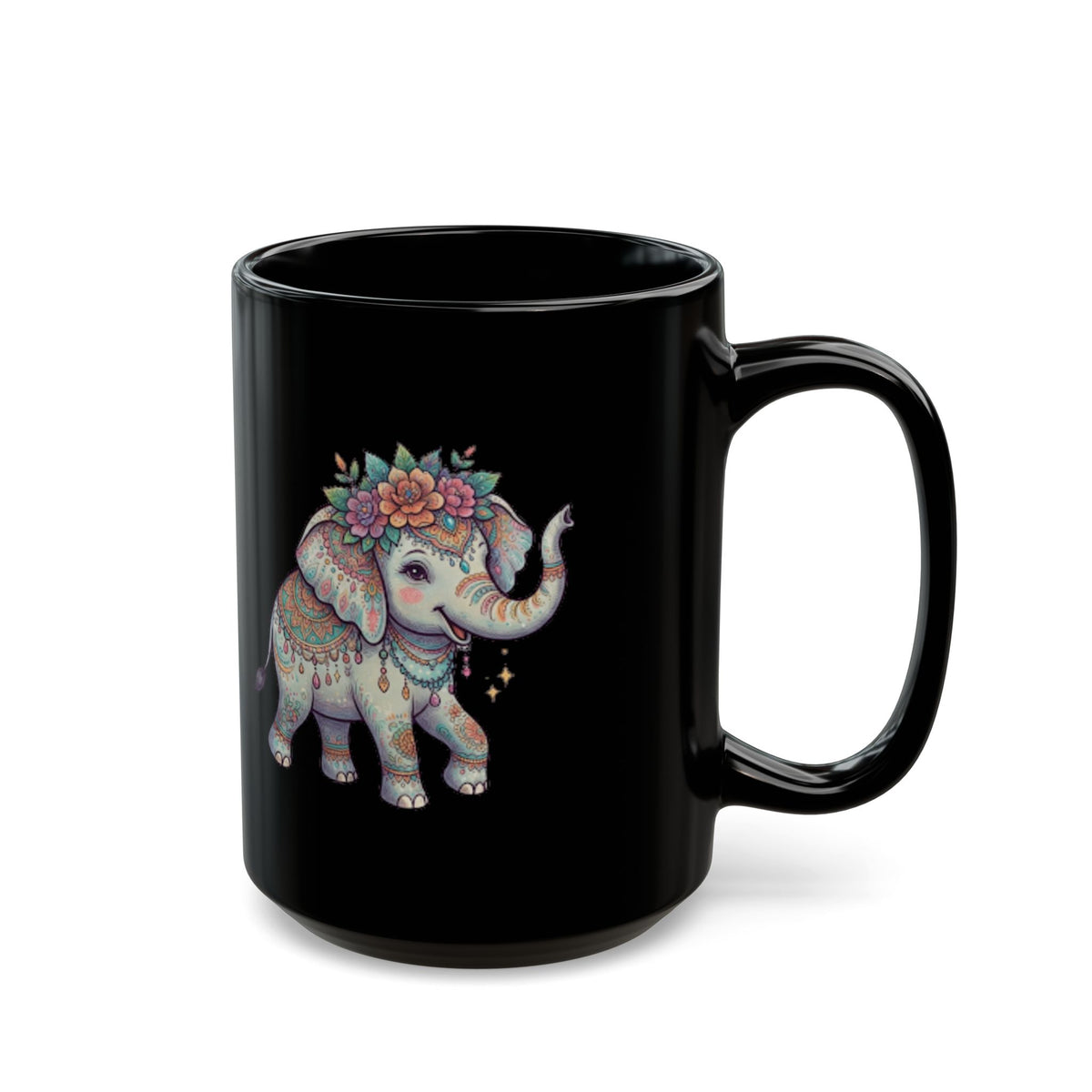 "Hippy Elephant" Black Ceramic Mug