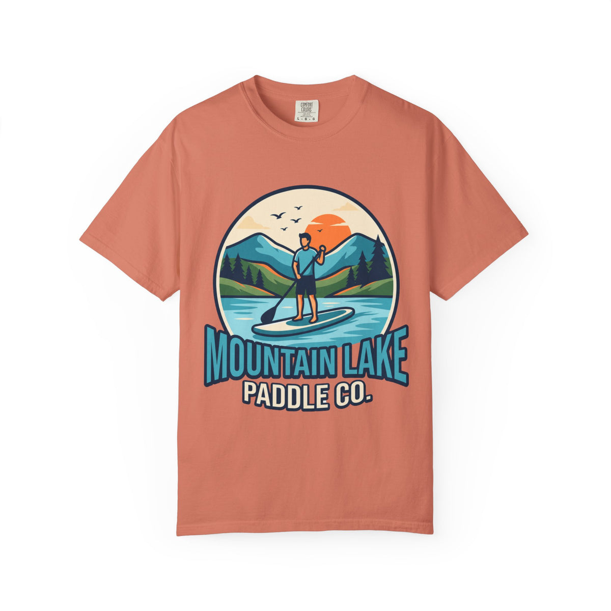 Color: Terracotta | Mountain Lake Paddle Board Unisex Garment-Dyed Tee