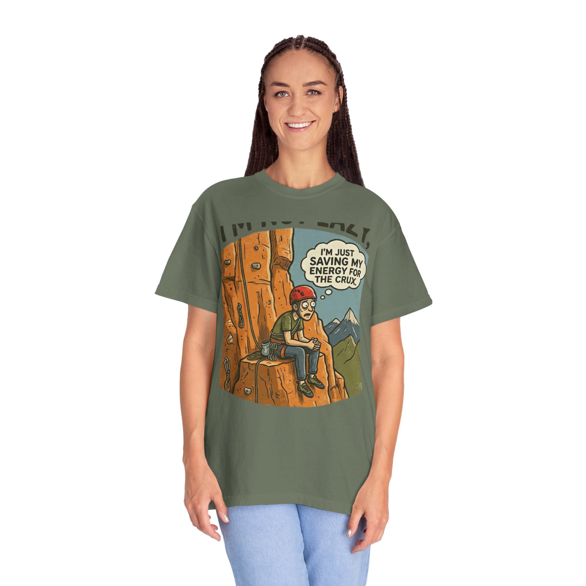 Color: Moss | Saving Energy for the Crux Unisex Garment-Dyed Tee