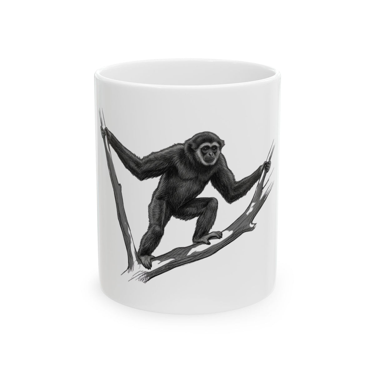 "Pencil Sketch Art Gibbon" White Ceramic Mug