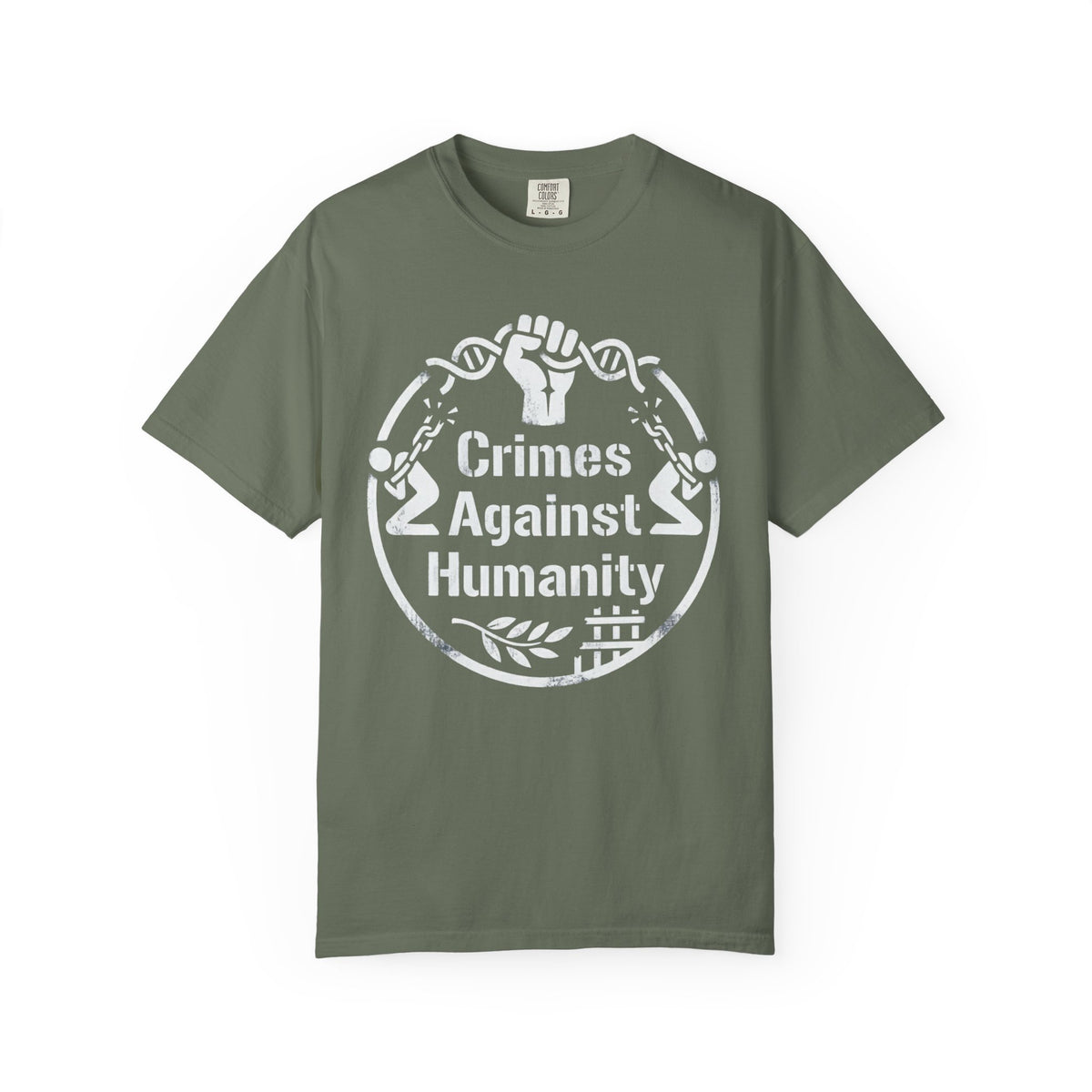 Color: Moss | Crimes Against Humanity Unisex Garment-Dyed Tee