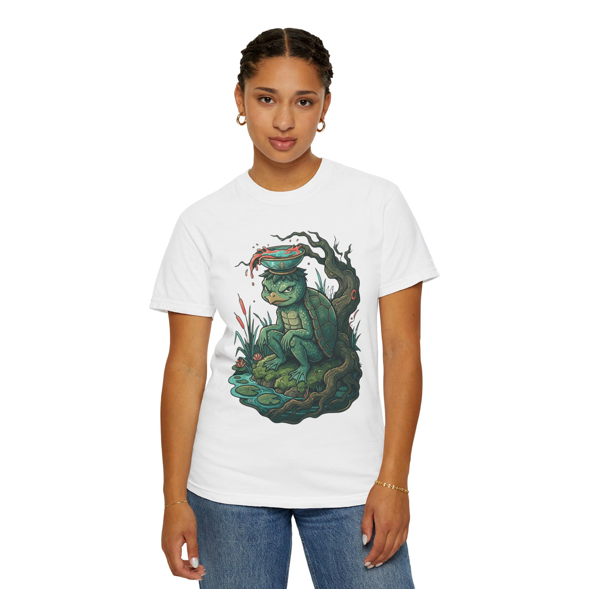 Color: White | Kappa (Japanese Folklore) Unisex Garment-Dyed Tee