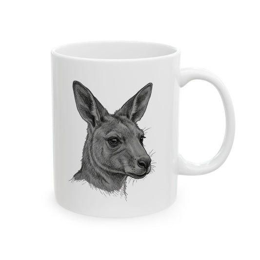 "Pencil Sketch Art Kangaroo" White Ceramic Mug — Graphic