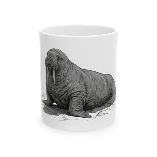 "Pencil Sketch Art Walrus" White Ceramic Mug