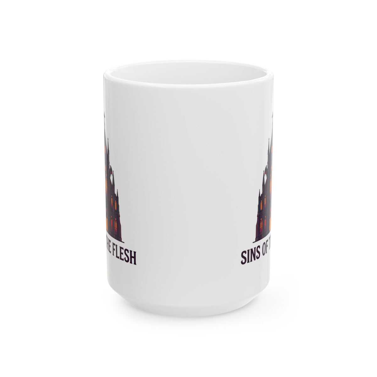 "Sins of The Flesh Group Rates" White Ceramic Mug — Graphic