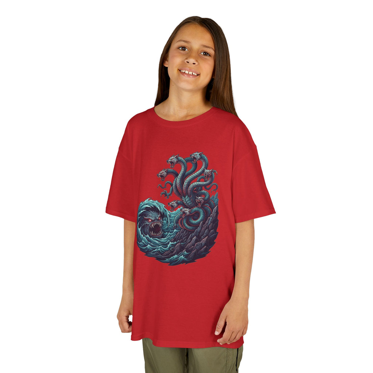 Color: Red | Charybdis and Scylla (Greek Mythology) Kids Tee