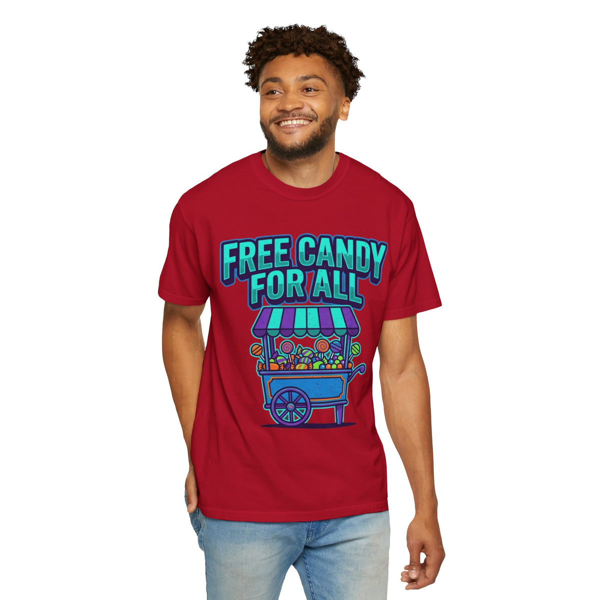 Color: Red | Free Candy For All Unisex Garment-Dyed Tee