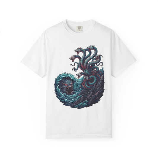 Color: White | Charybdis and Scylla (Greek Mythology) Unisex Garment-Dyed Tee