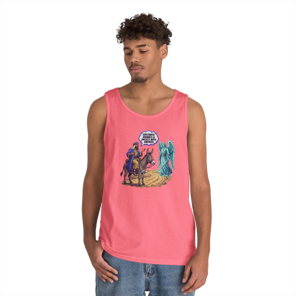 Color: Safety Pink | Good Book Series Obstinate Animals & Angels With Swords Tank Top
