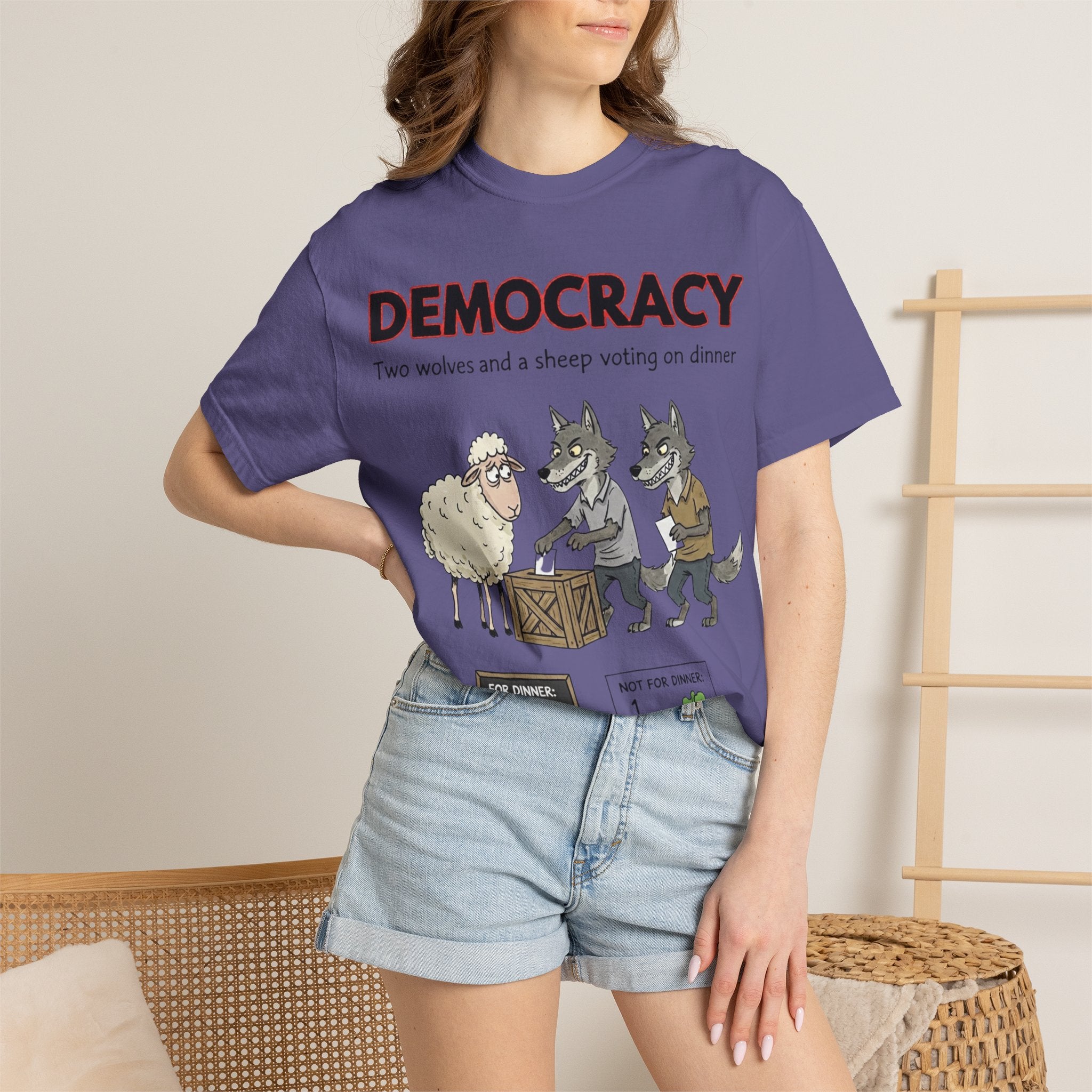 "Democracy (Two Wolves and a Sheep" Unisex Garment-Dyed T-shirt