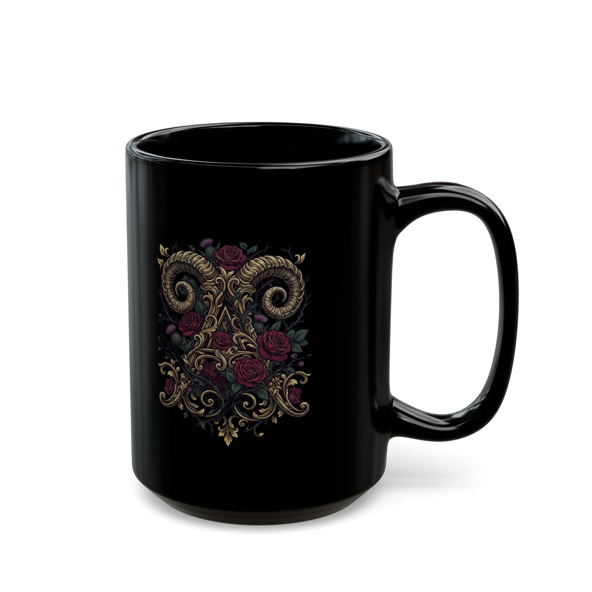 "Floral Monogram Aries" Black Ceramic Mug