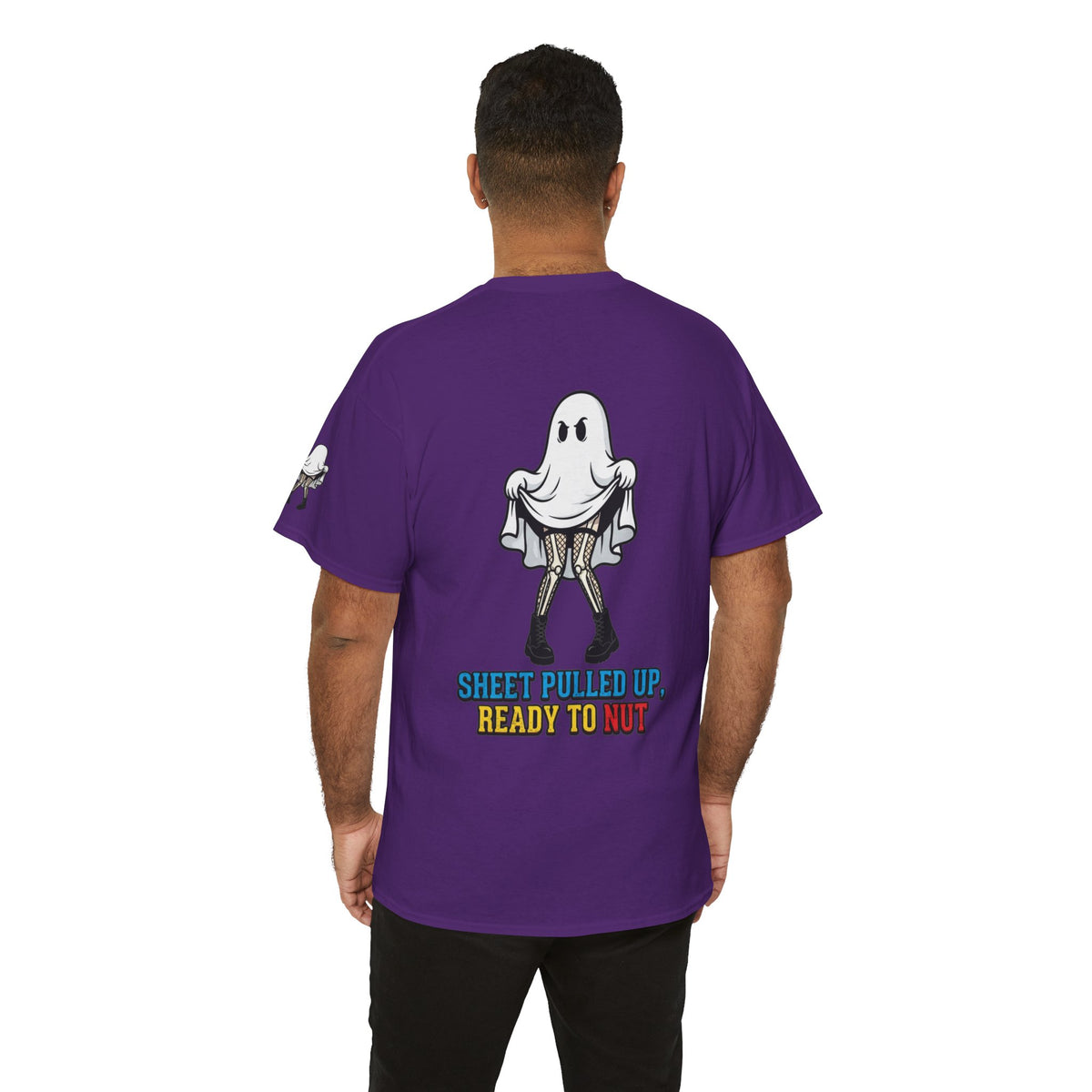 Color: Purple | Sheet Pulled Up Ready to Nut Premium Graphic Tee