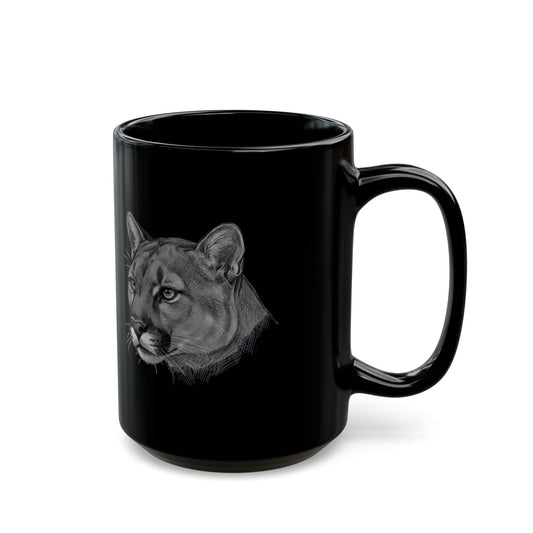 "Pencil Sketch Art Mountain Lion" Black Ceramic Mug — Graphic