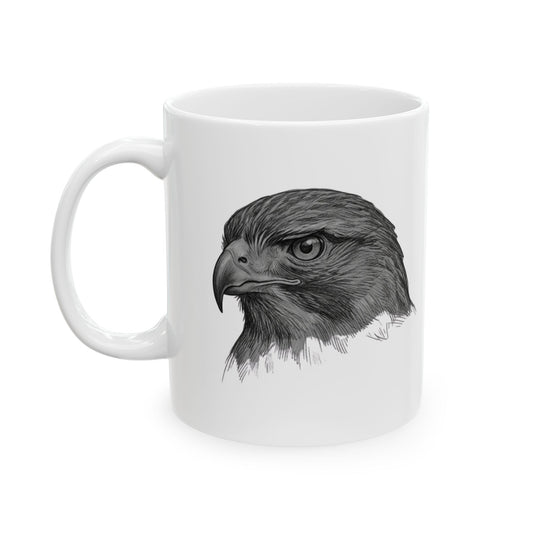 "Pencil Sketch Art Red-Tailed Hawk" White Ceramic Mug — Graphic