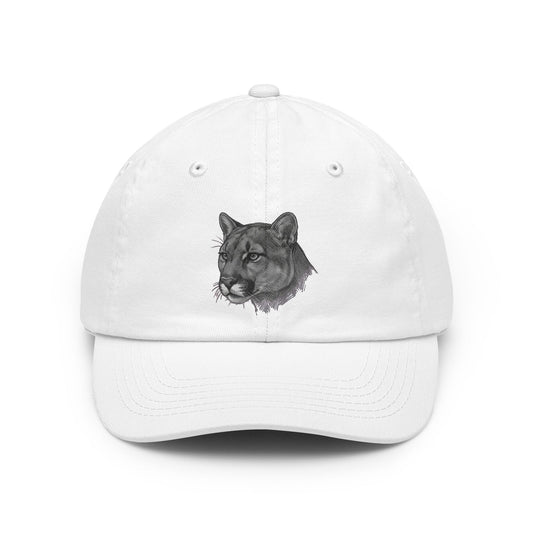 Color: White | Pencil Sketch Art Mountain Lion Dad Hat — Graphic