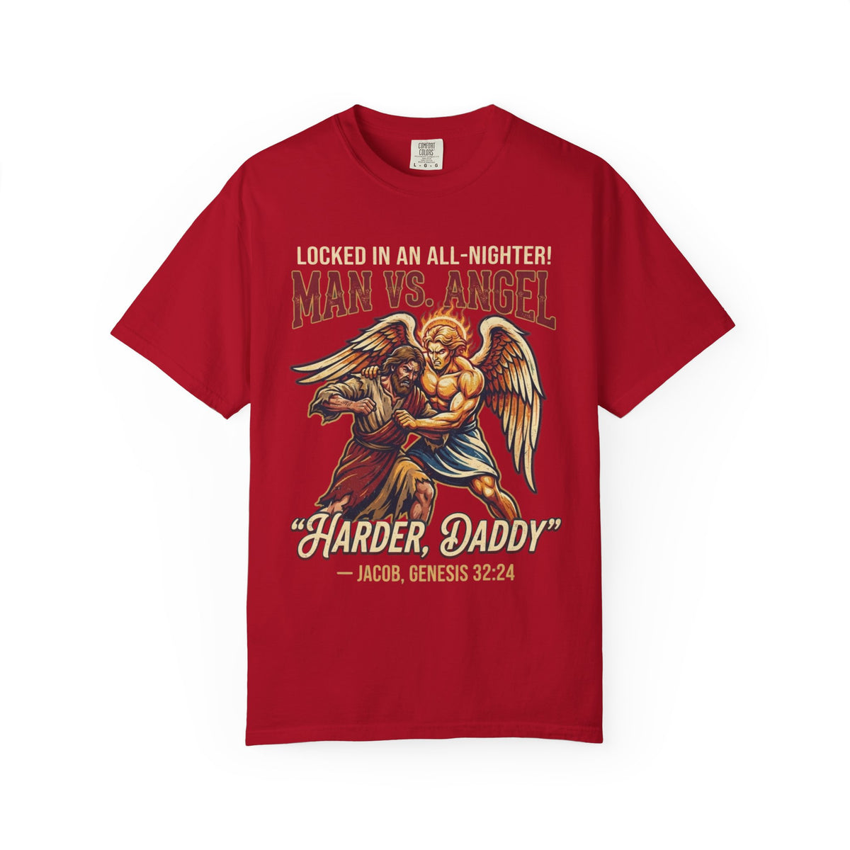 Color: Red | Good Book Series Man vs Angel Unisex Garment-Dyed Tee