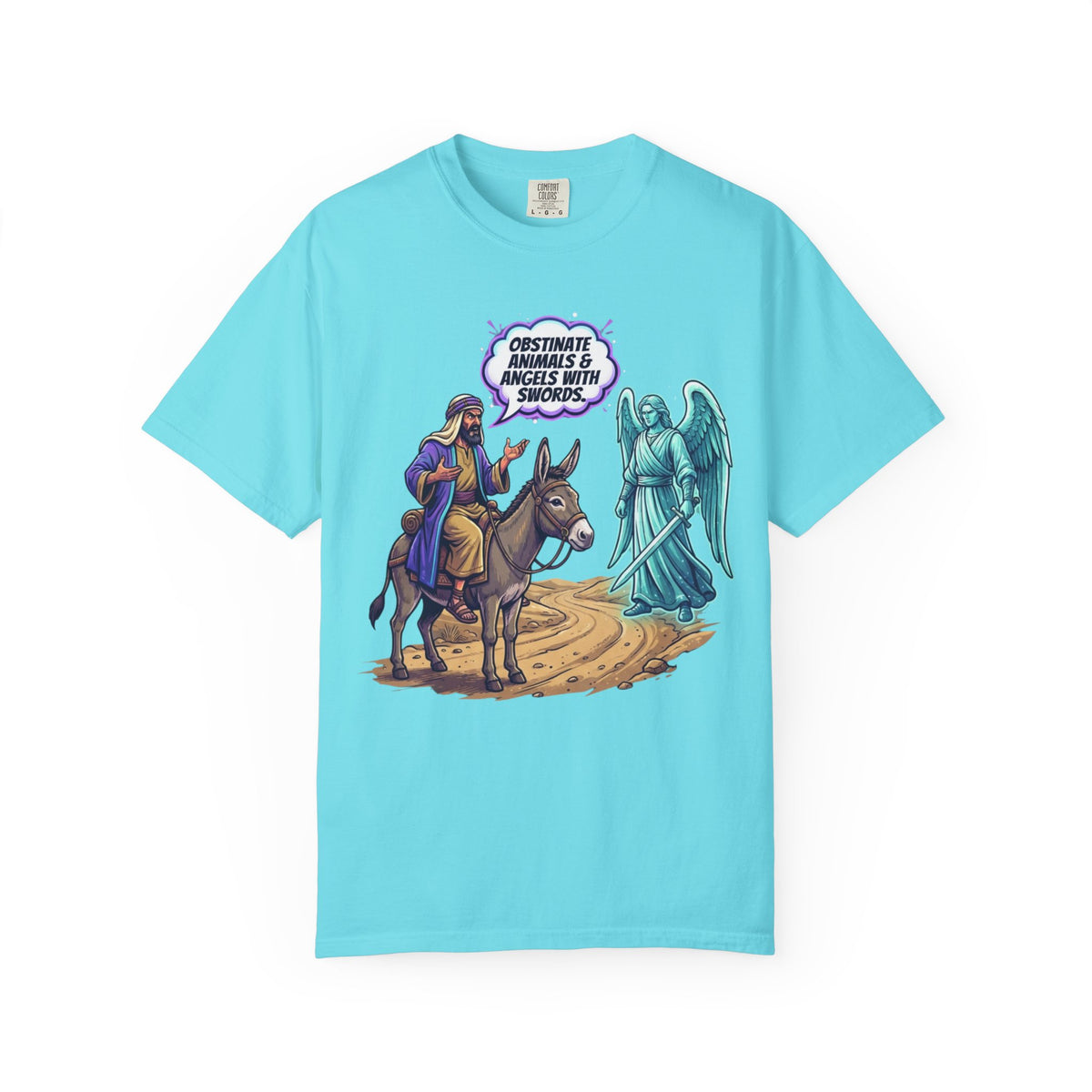 Color: Lagoon Blue | Good Book Series Obstinate Animals & Angels With Swords Unisex Garment-Dyed Tee