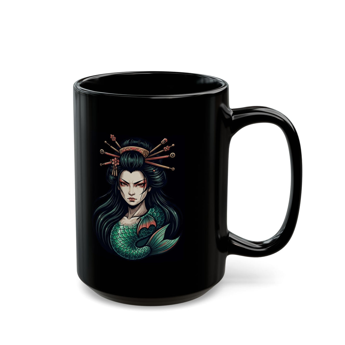 "Ningyo (Japanese Folklore)" Black Ceramic Mug — Graphic