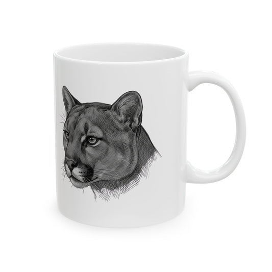 "Pencil Sketch Art Mountain Lion" White Ceramic Mug — Graphic